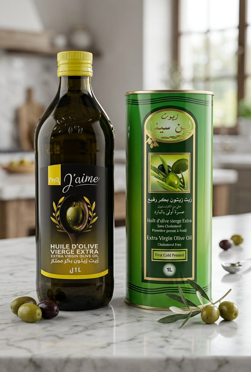 Bouteille et conserve d'huile d'olive